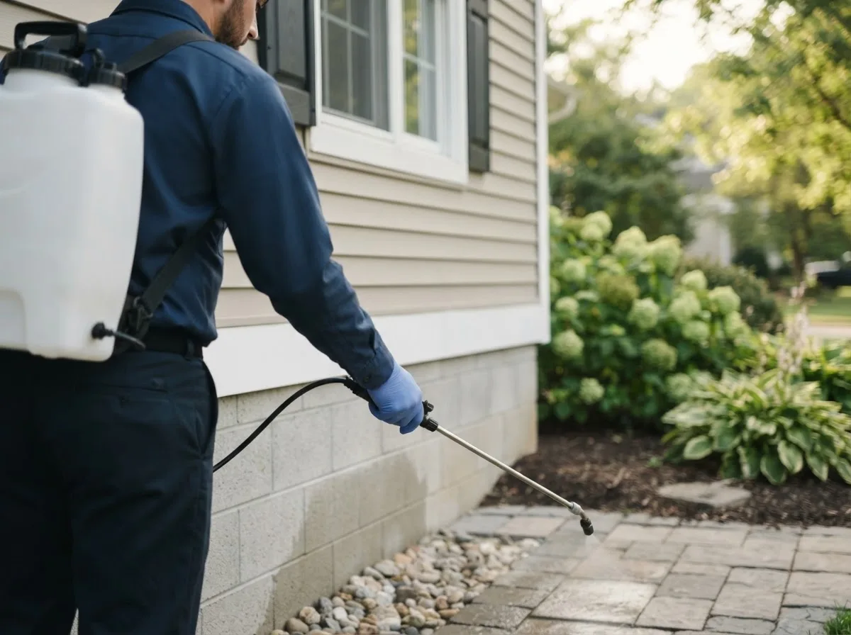 Pest control technician inspecting a home in Tecumseh, MI
